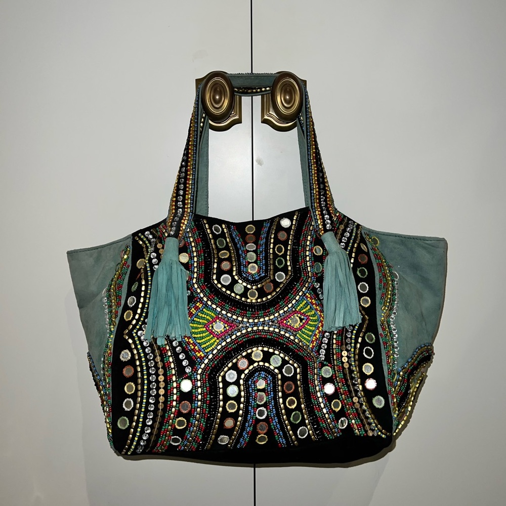Antik Batik Blue Embellished Tote Bag